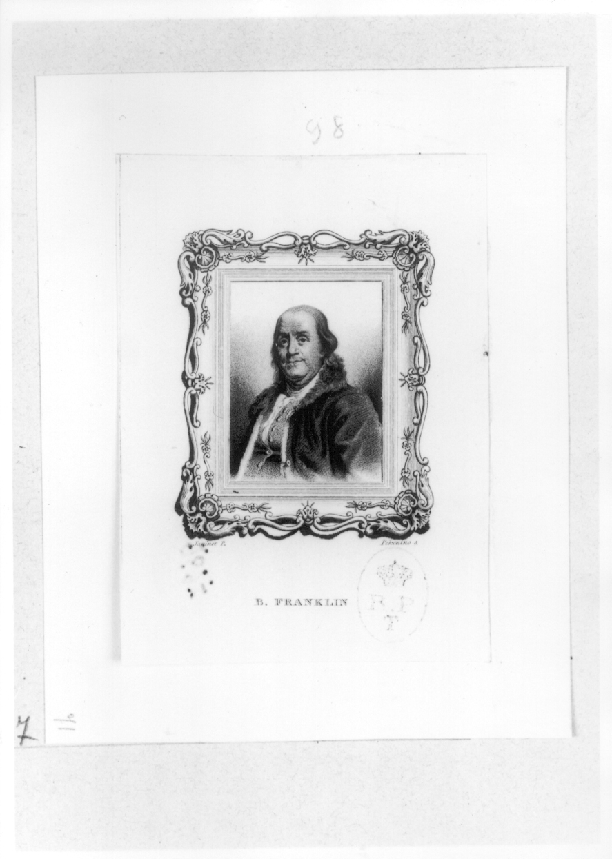 B. Franklin, ritratto d'uomo (stampa smarginata) di Pechenino Michele Luigi Maria detto Pekenino (prima metà sec. XIX)