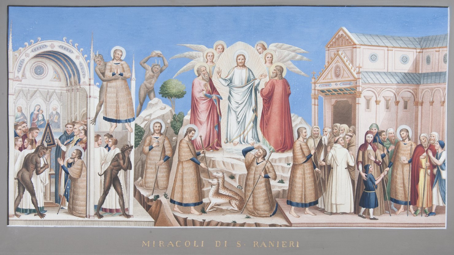 tentazioni e miracoli di San Ranieri (stampa colorata a mano, elemento d'insieme) di Lasinio Carlo (sec. XIX)