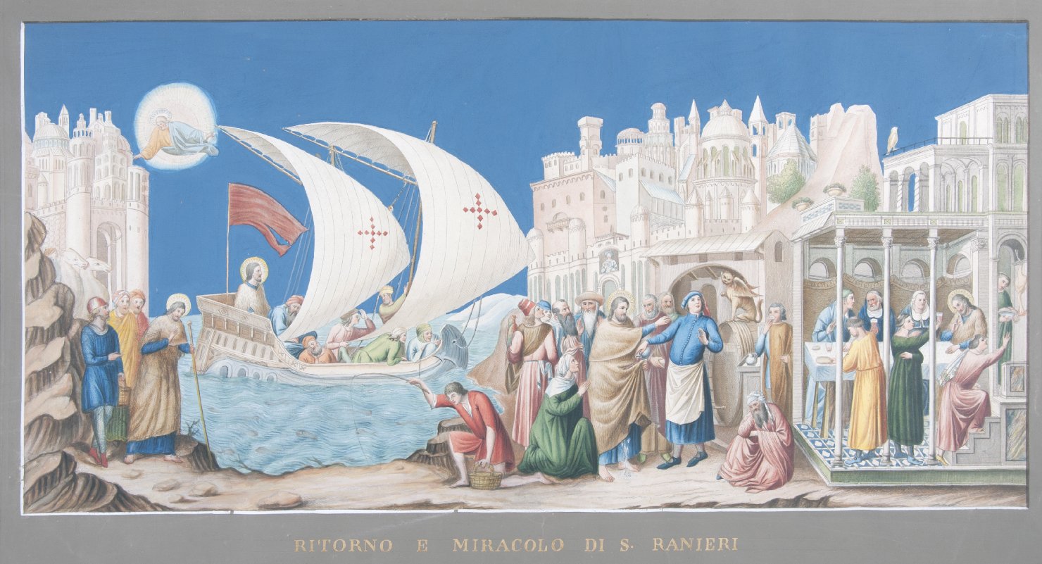 storie della vita di San Ranieri (stampa colorata a mano, elemento d'insieme) di Lasinio Carlo (sec. XIX)