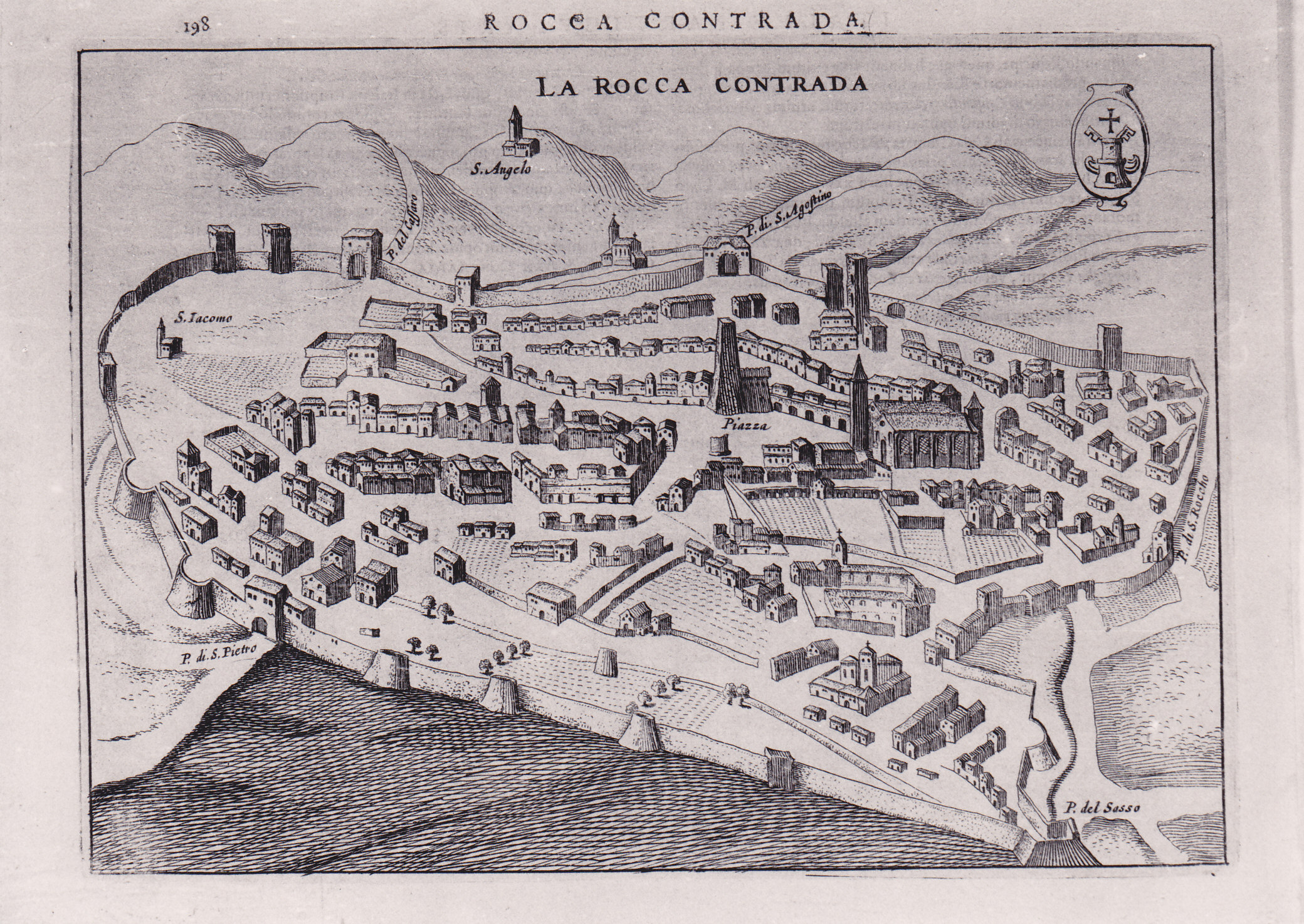 Rocca Contrada, veduta della città di Rocca Contrada (stampa) di Hondius Henricus (XVII)