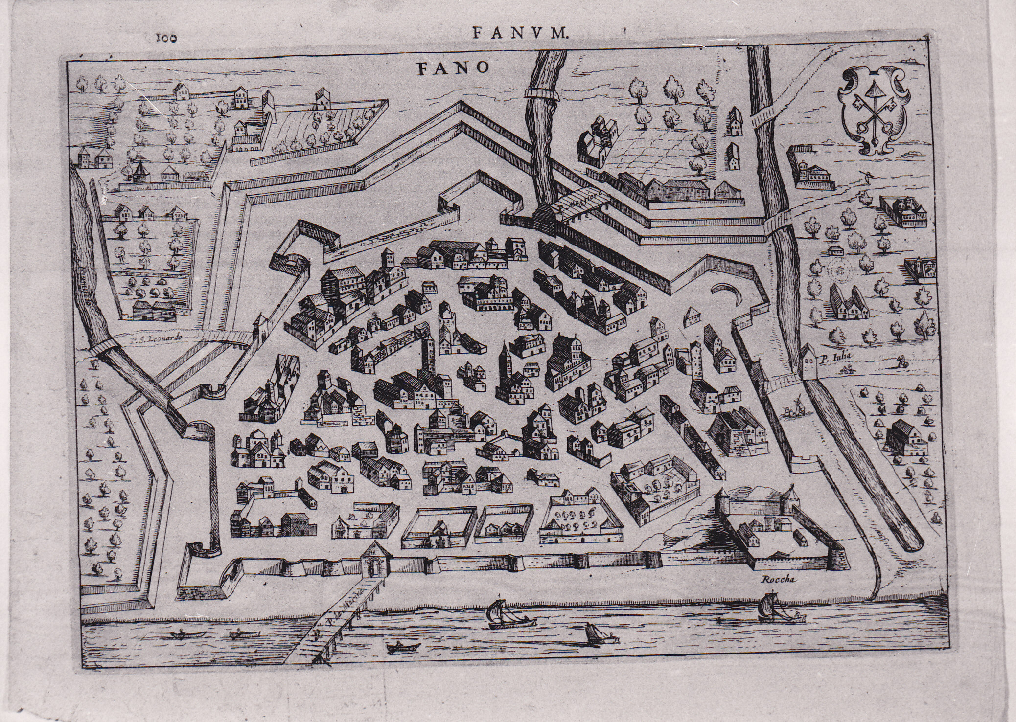 Fanum, veduta della città di Fano (stampa) di Hondius Henricus (XVII)