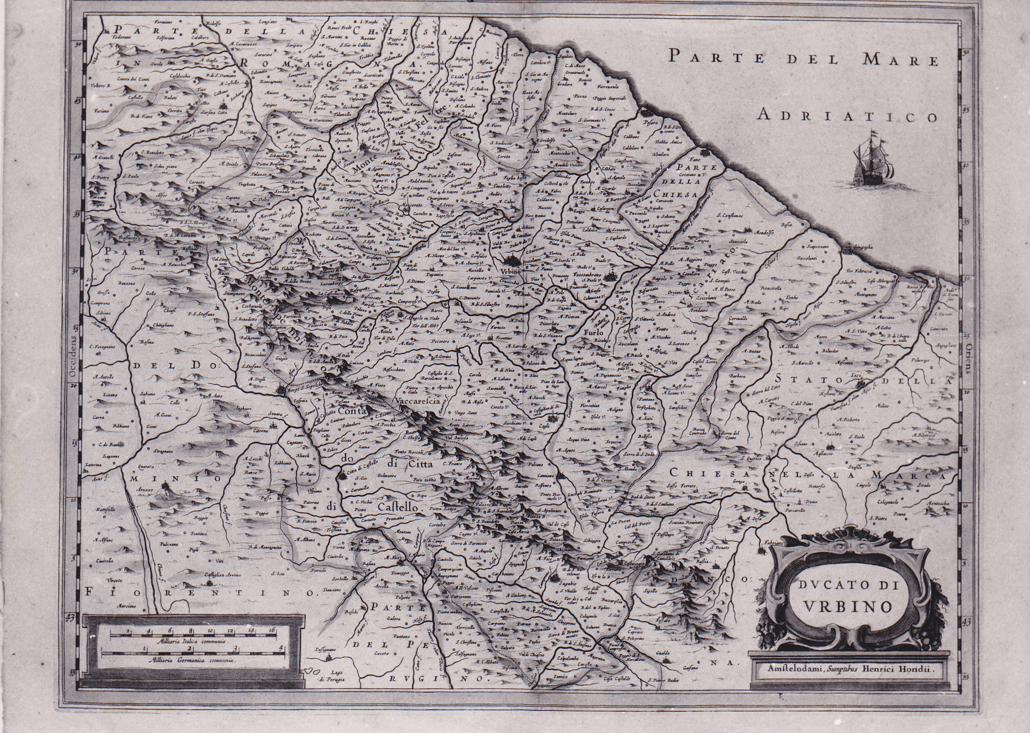 Ducato di Urbino, carta geografica del Ducato di Urbino (stampa) di Hondius Henricus (XVII)