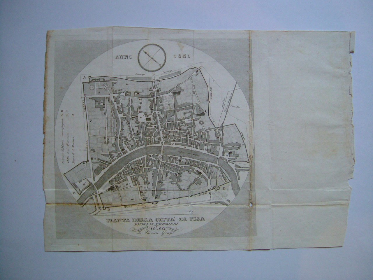 Pianta della Città di Pisa, geografia (stampa tagliata, frammento) di Grassi Ranieri (secondo quarto sec. XIX)