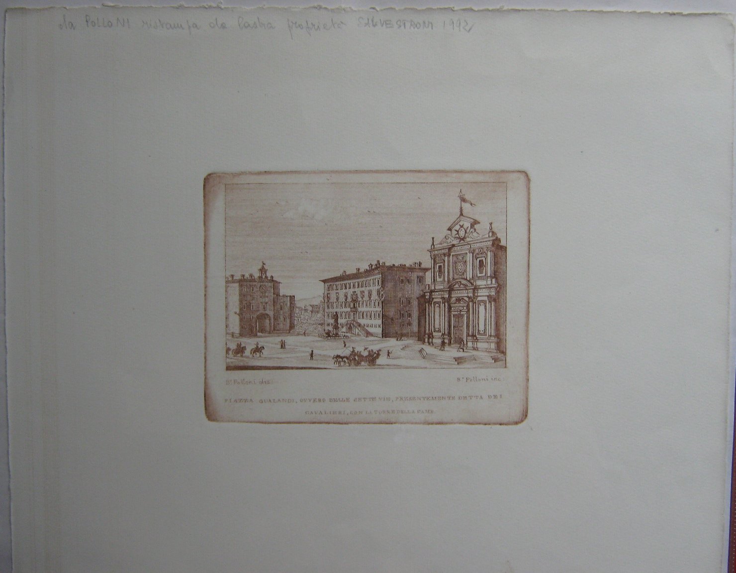 Piazza Gualandi, veduta di città (stampa, frammento) di Polloni Bartolomeo (secondo quarto sec. XIX)