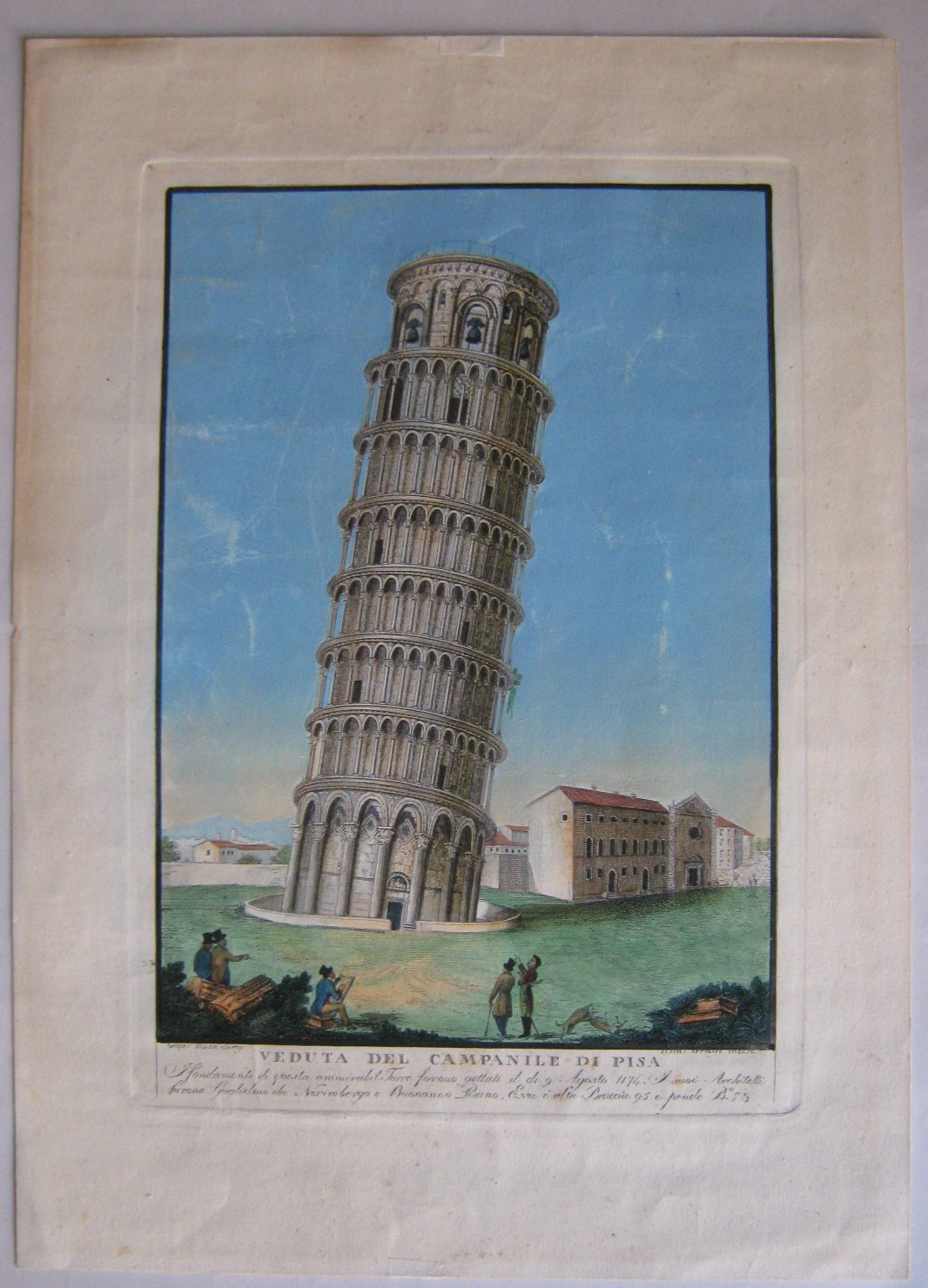 Veduta del campanile di Pisa, veduta di città (stampa, frammento) di Grassi Ranieri, Rossi Giuseppe (metà sec. XIX)