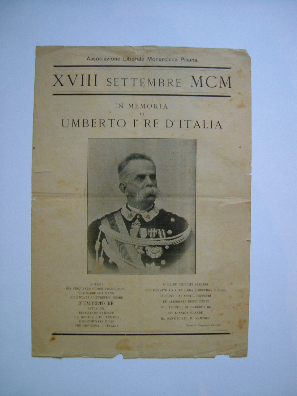 Umberto I re d'Italia, ritratto d'uomo (stampa, frammento) - ambito toscano (inizio sec. XX)