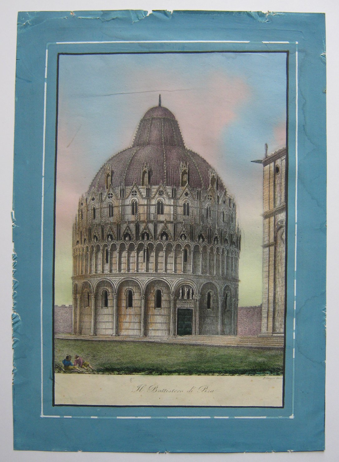 Il Battistero di Pisa, veduta di città (stampa, frammento) di Grassi Ranieri (secondo quarto sec. XIX)