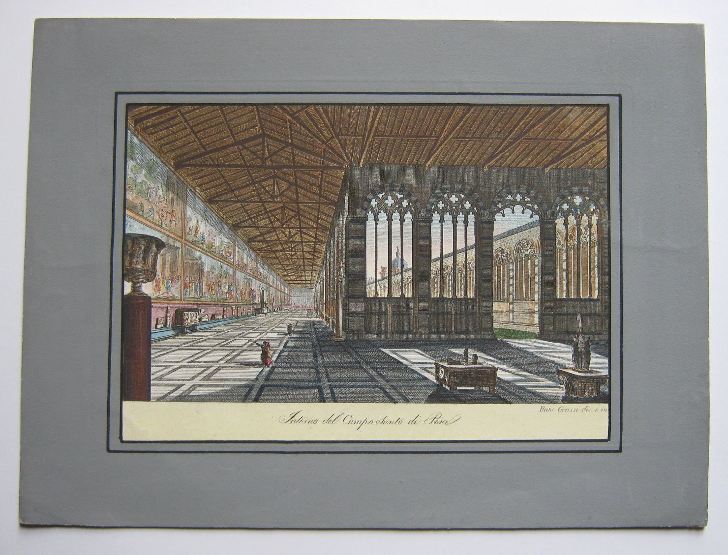 Interno del Campo Santo di Pisa, veduta di città (stampa, frammento) di Grassi Ranieri (secondo quarto sec. XIX)