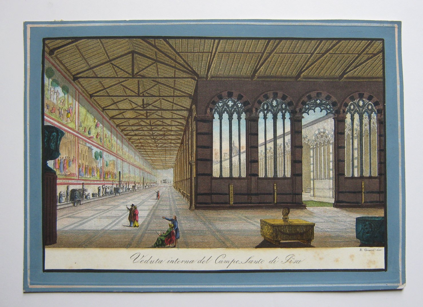 Veduta interna del Campo Santo di Pisa, veduta di città (stampa, frammento) di Grassi Ranieri (secondo quarto sec. XIX)