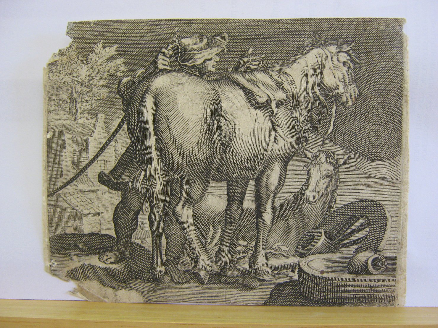 Stalliere con cavalli, scena di vita campestre (stampa, frammento) - ambito italiano (sec. XIX)