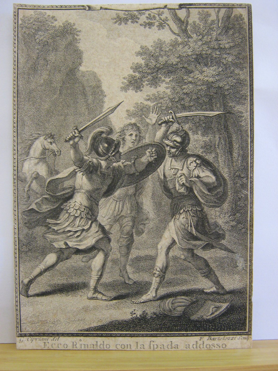 Ecco Rinaldo con la spada addosso, Rinaldo in battaglia (stampa, frammento) di Cipriani Giovanni Battista, Bartolozzi Francesco (prima metï¿½ sec. XIX)