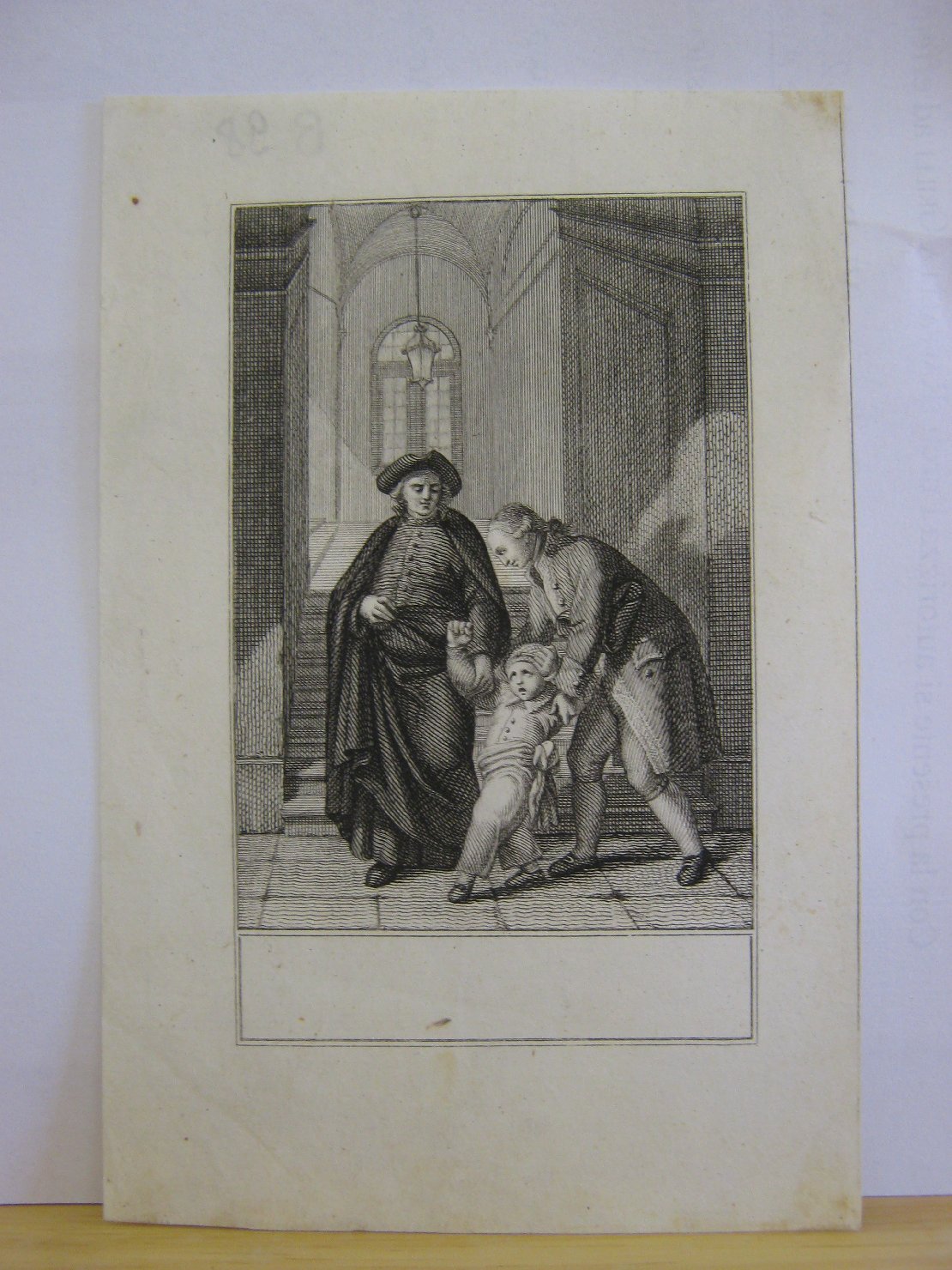 Fanciullo condotto dai precettori, scena familiare (stampa, frammento) - ambito italiano (prima metï¿½ sec. XIX)