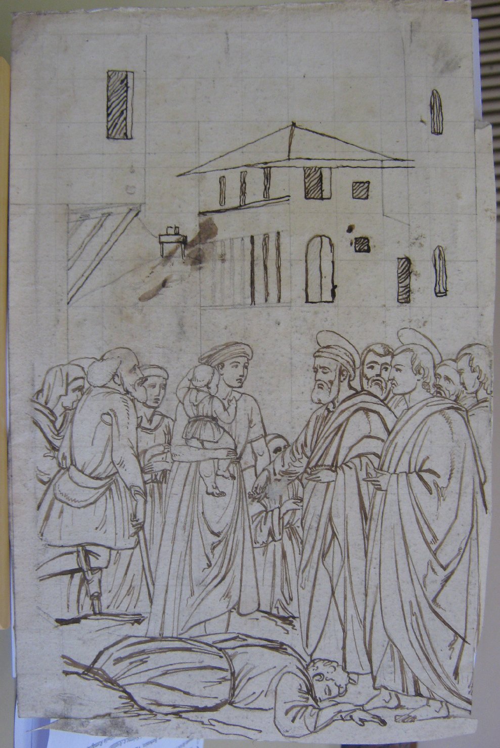 La distribuzione dei beni e la morte di Anania e Saffira, morte di Anania e Saffira (disegno, frammento) - ambito italiano (prima metï¿½ sec. XIX)