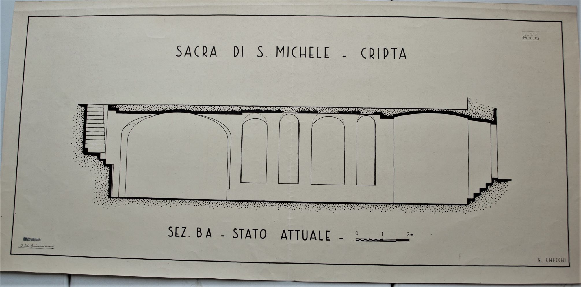 Sacra di San Michele/ Cripta/ Sez. BA - stato attuale, Sacra di San Michele a Sant'Ambrogio di Susa (TO) - Cripta. Sezione BA - stato attuale - scala 1:50 - E. Checchi (disegno architettonico) di Checchi Ercole (secondo quarto sec. XX)