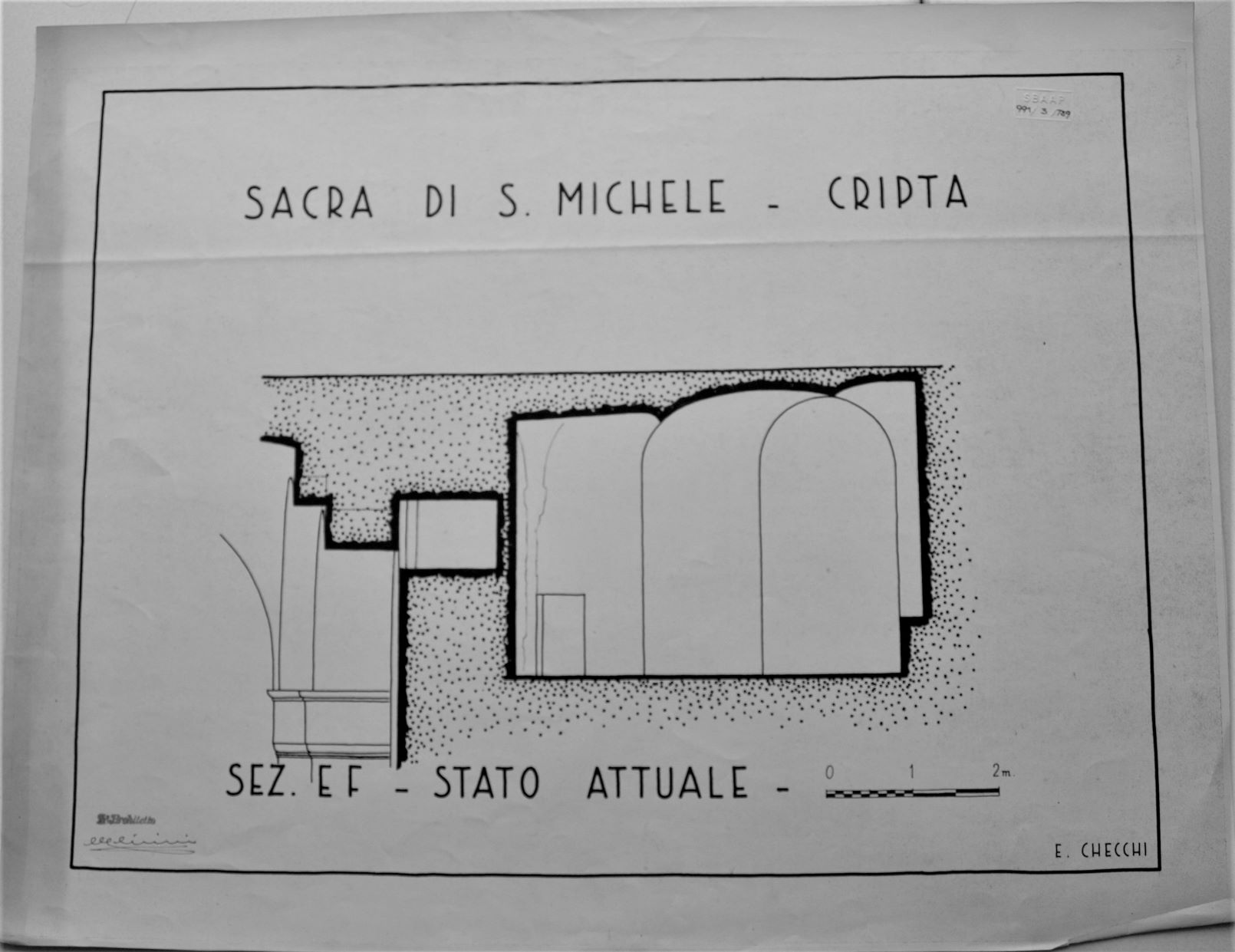 Sacra di San Michele/ Cripta/ Sez. EF/ Stato attuale, Sacra di San Michele a Sant'Ambrogio di Susa (TO) - Cripta. Sezione EF - Stato attuale - scala 1:50 - E. Checchi (disegno architettonico) di Checchi Ercole (secondo quarto sec. XX)