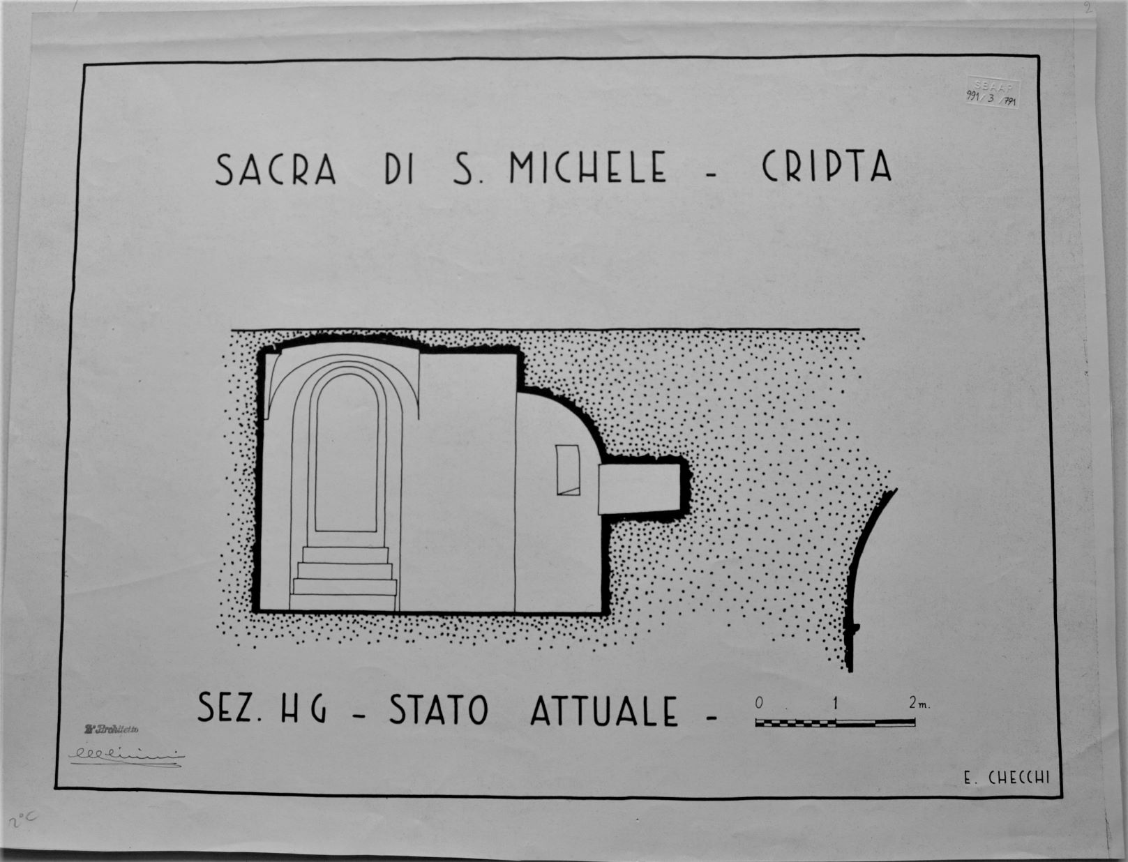 Sacra di San Michele/ Cripta/ Sez. HG - Stato attuale, Sacra di San Michele a Sant'Ambrogio di Susa (TO) - Cripta. Sezione HG - Stato attuale - scala 1:50 - E. Checchi (disegno architettonico) di Checchi Ercole (secondo quarto sec. XX)