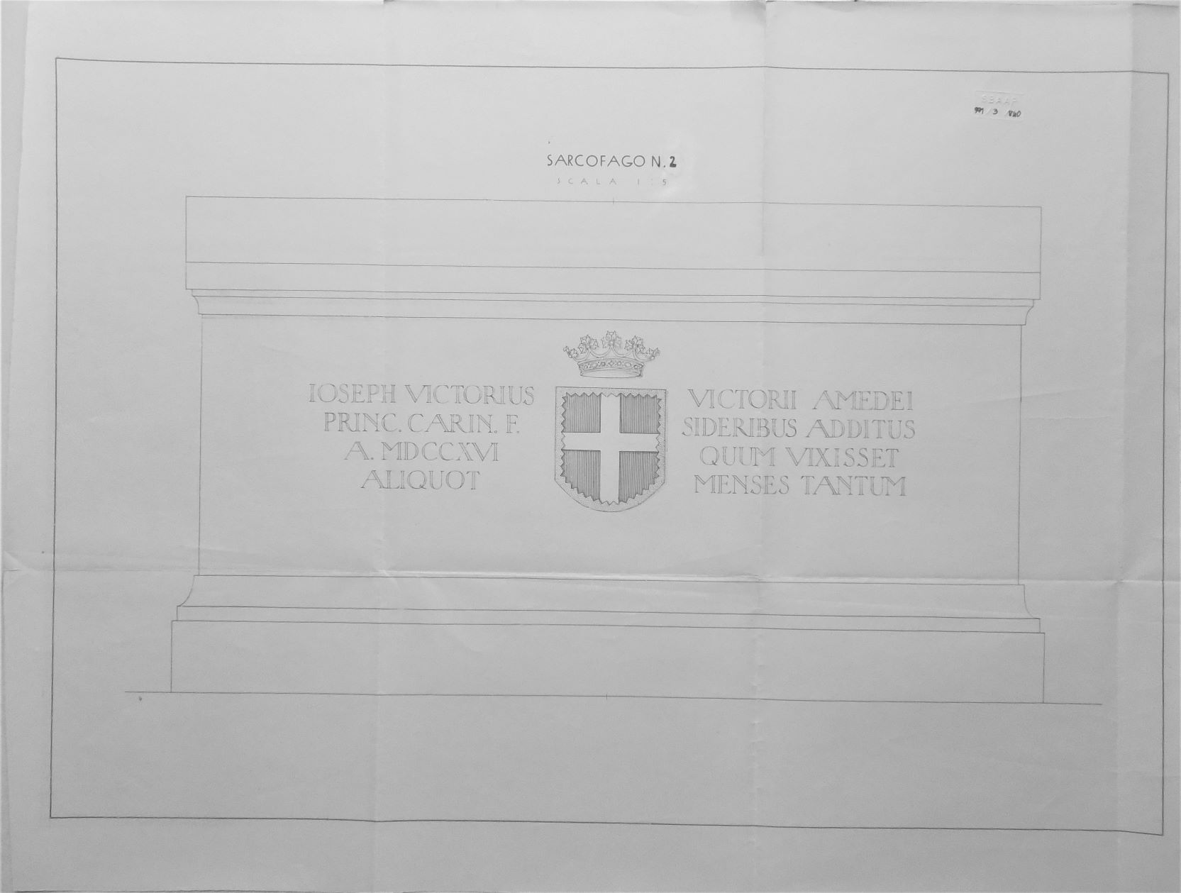 Sacra di San Michele/ Sarcofago n. 2 - scala 1:5, Sacra di San Michele a Sant'Ambrogio di Susa (TO) - Sarcofago n. 2 - scala 1:5 (disegno) di Chierici Umberto (cerchia) (secondo quarto sec. XX)