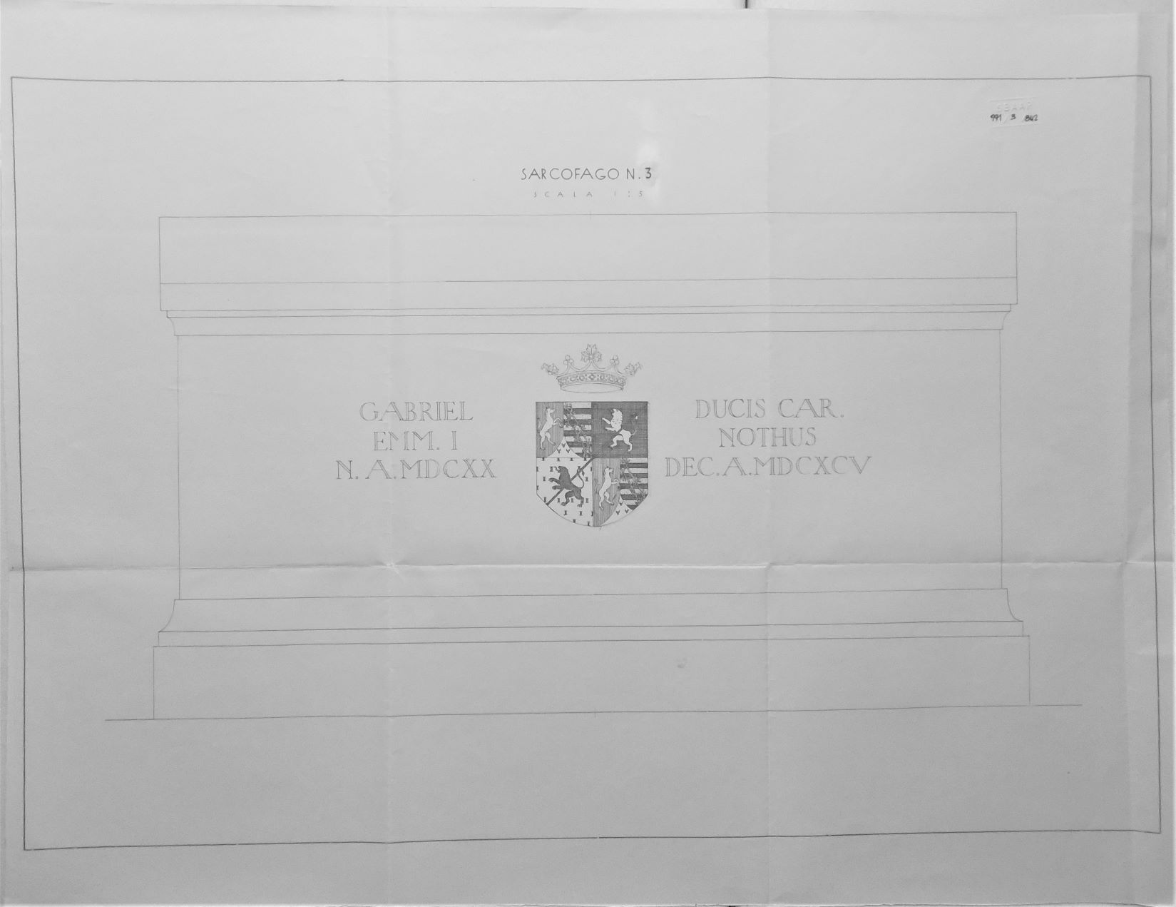 Sacra di San Michele/ Sarcofago n. 3 - scala 1:5, Sacra di San Michele a Sant'Ambrogio di Susa (TO) - Sarcofago n. 3 - scala 1:5 (disegno) di Chierici Umberto (cerchia) (secondo quarto sec. XX)