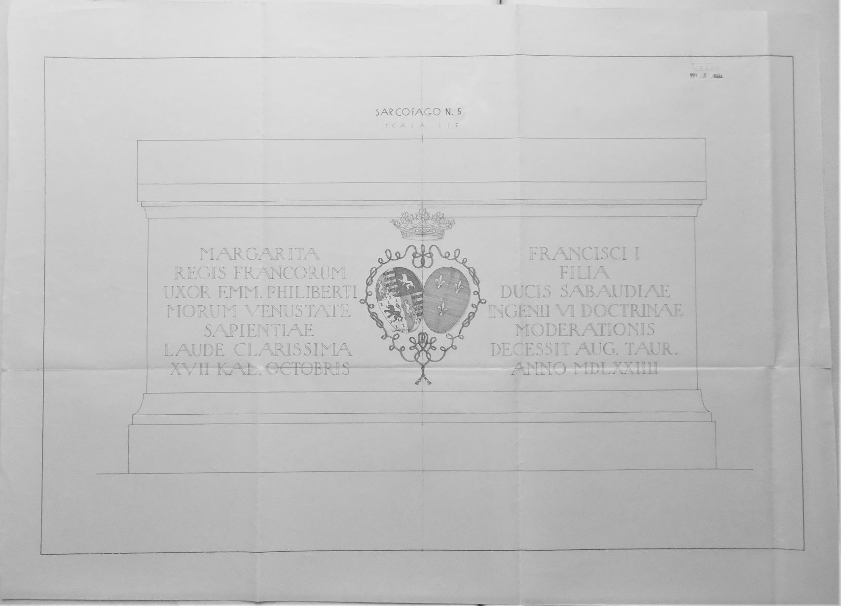 Sacra di San Michele/ Sarcofago n. 5 - scala 1:5, Sacra di San Michele a Sant'Ambrogio di Susa (TO) - Sarcofago n. 5 - scala 1:5 (disegno) di Chierici Umberto (cerchia) (secondo quarto sec. XX)
