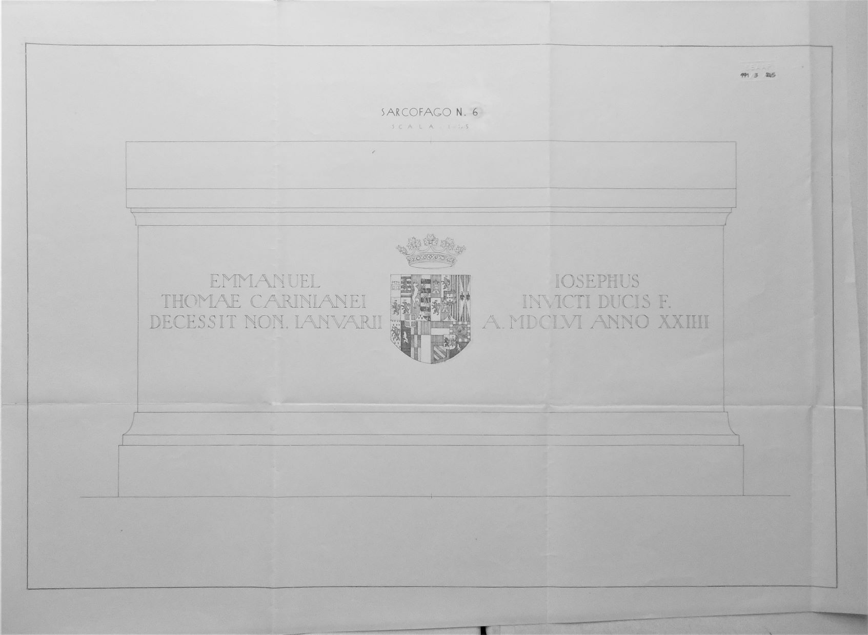 Sacra di San Michele/ Sarcofago n. 6 - scala 1:5, Sacra di San Michele a Sant'Ambrogio di Susa (TO) - Sarcofago n. 6 - scala 1:5 (disegno) di Chierici Umberto (cerchia) (secondo quarto sec. XX)
