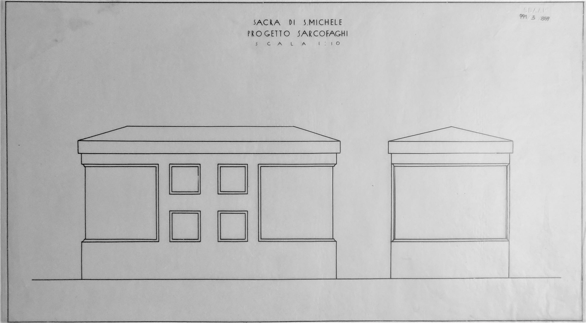 Sacra di S. Michele/ Progetto sarcofaghi/ scala 1:10, Sacra di San Michele a Sant'Ambrogio di Susa (TO) - Progetto sarcofaghi - scala 1:10 - lucido (disegno) di Chierici Umberto (cerchia) (secondo quarto sec. XX)