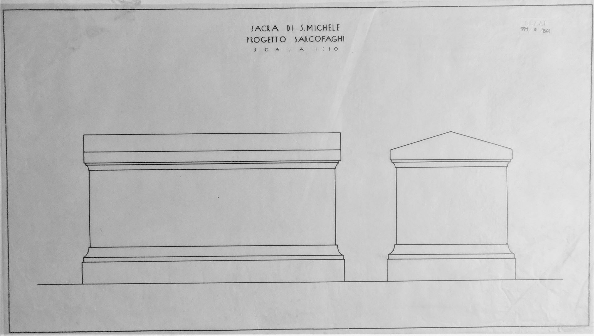 Sacra di S. Michele/ Progetto sarcofaghi/ Scala 1:10, Sacra di San Michele a Sant'Ambrogio di Susa (TO) - Progetto sarcofaghi - scala 1:10 - lucido (disegno) di Chierici Umberto (cerchia) (secondo quarto sec. XX)