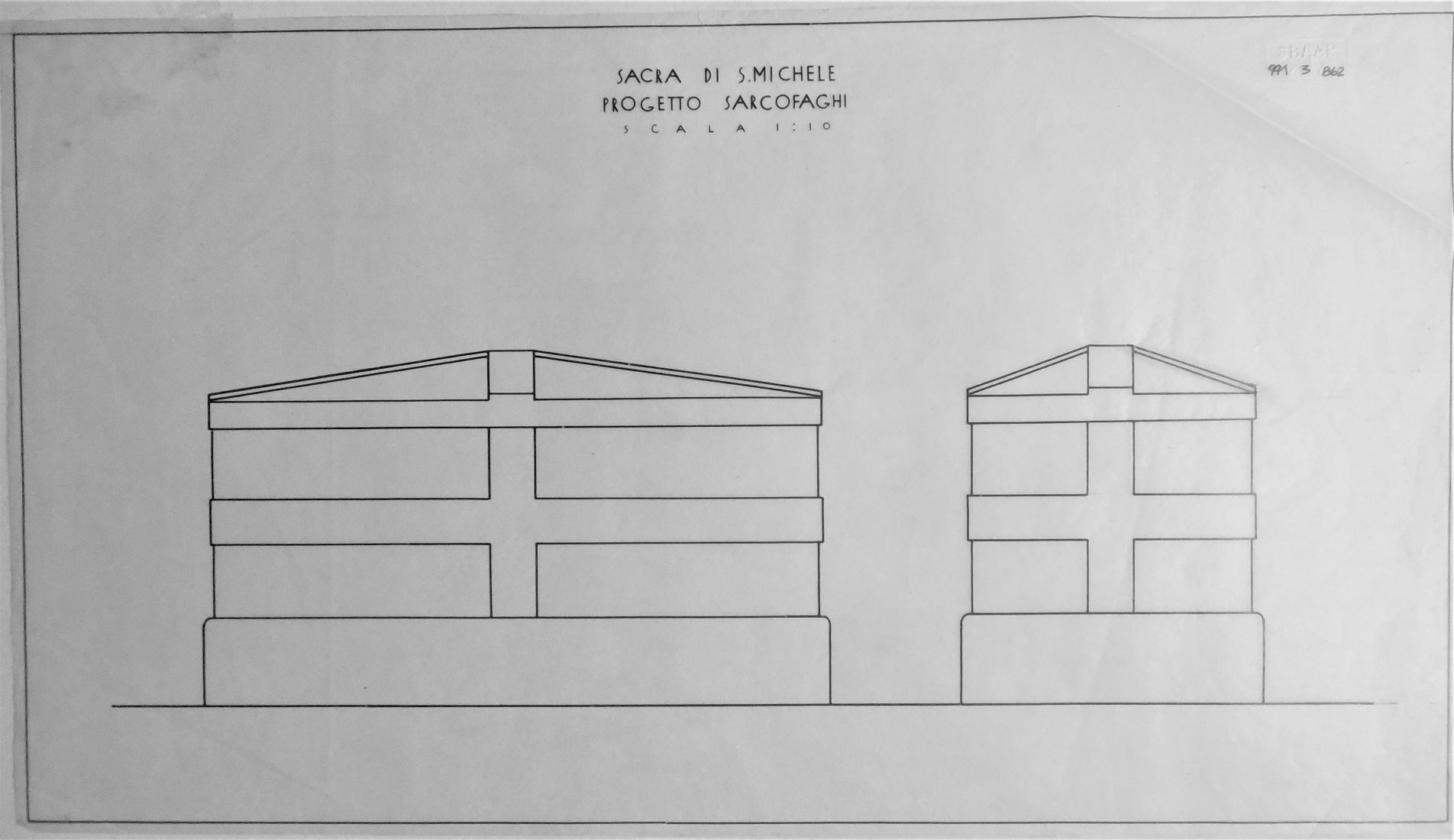 Sacra di S. Michele/ Progetto sarcofaghi/ scala 1:10, Sacra di San Michele a Sant'Ambrogio di Susa (TO) - Progetto sarcofaghi - scala 1:10 - lucido (disegno) di Chierici Umberto (cerchia) (secondo quarto sec. XX)