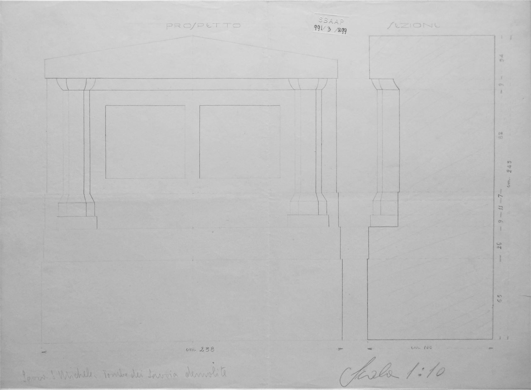 Sacra S. Michele/ Tombe dei Savoia demolite, Sacra di San Michele a Sant'Ambrogio di Susa (TO) - Tombe dei Savoia demolite - prospetto e sezione - scala 1:10 (disegno) di Chierici Umberto (cerchia) (secondo quarto sec. XX)