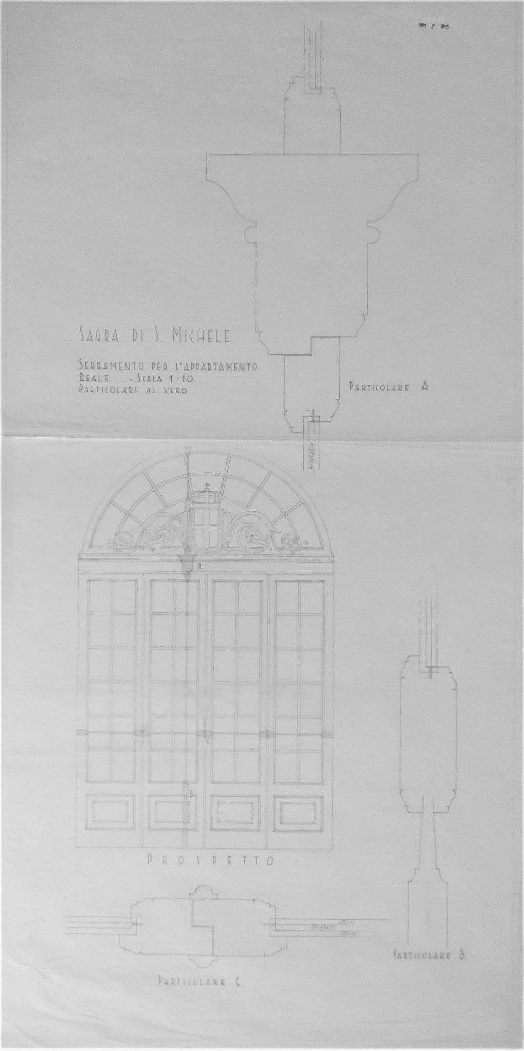 Sagra di S. Michele/Serramento per l'appartamento reale - scala 1:10 - Particolari al vero, Sacra di San Michele a Sant'Ambrogio di Susa (TO) - Serramento per l'appartamento reale - scala 1:10 - Particolari al vero - Lucido (disegno) di Chierici Umberto (cerchia) (secondo quarto sec. XX)