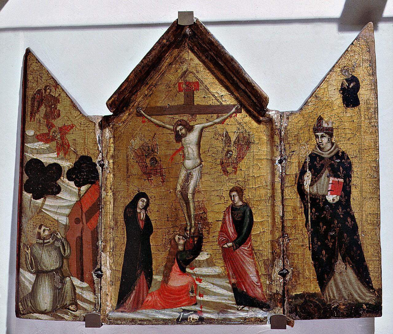 Cristo crocifisso, dolenti, Santa Maria Maddalena, San Francesco d'Assisi riceve le stimmate e Santo Ludovico di Tolosa (altarolo portatile) di Pacino di Buonaguida (bottega) (sec. XIV)