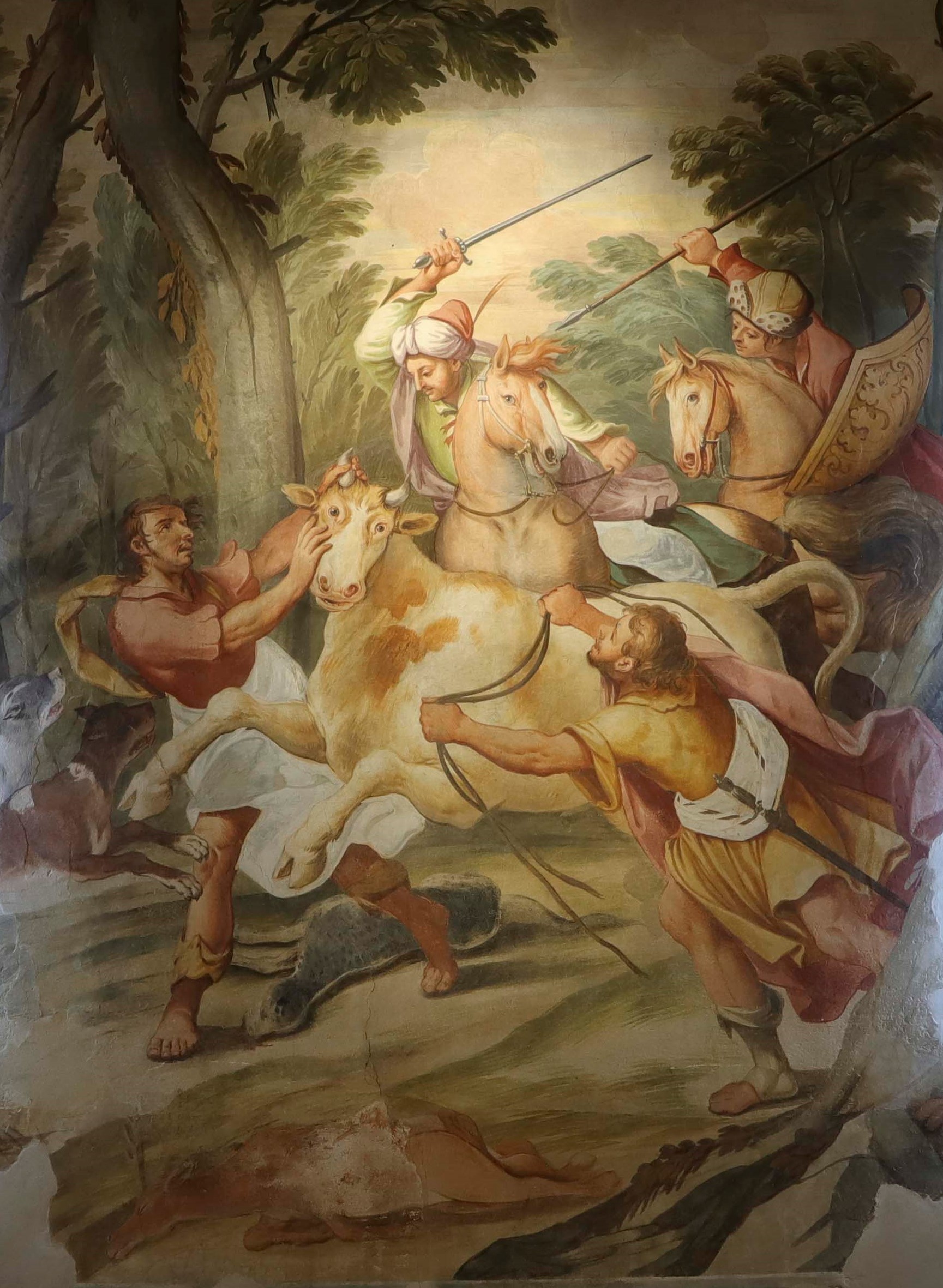 caccia al toro, scena di caccia (dipinto, elemento d'insieme) di Primon, Michele (attribuito) - ambito veneto (ultimo quarto XVII)