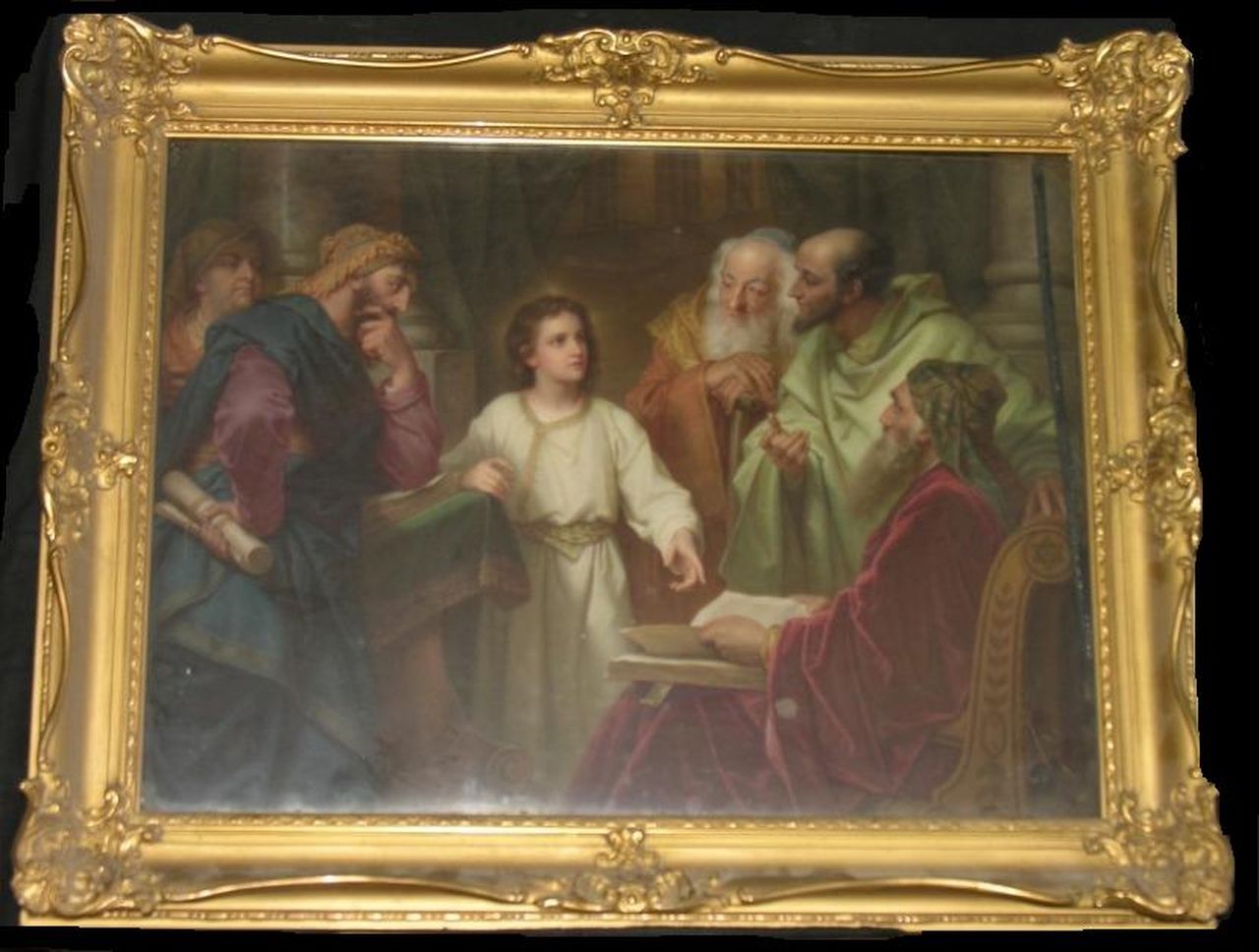 Jesus im Tempel, disputa di Gesù con i dottori del tempio (dipinto) di Scherf Louis - manifattura turingia (sec. XX)