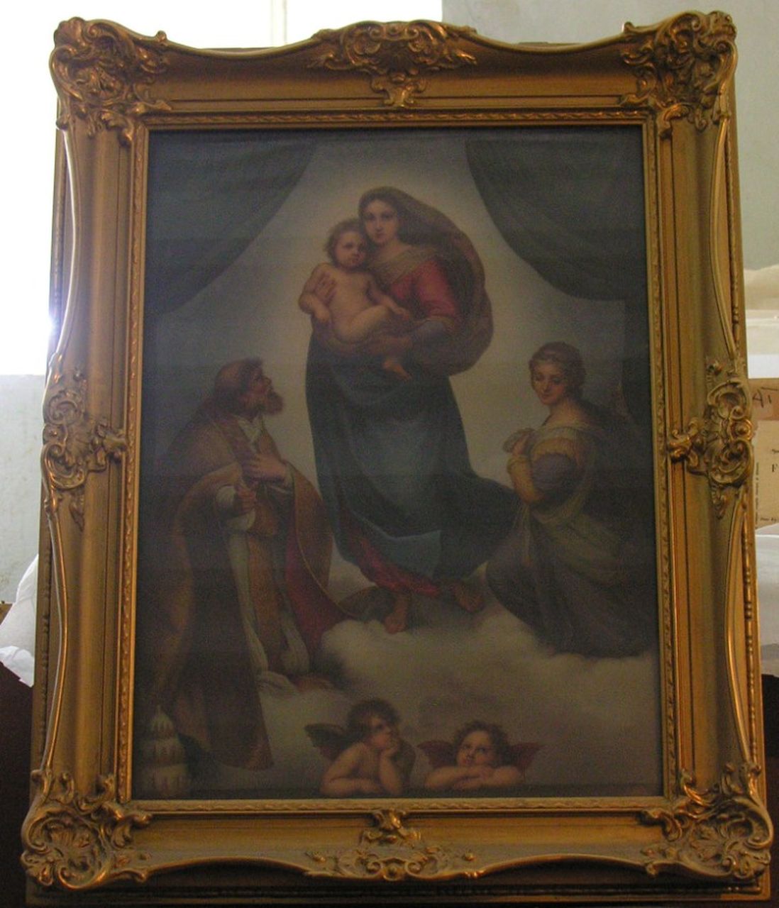 Sixtinische Madonna, Madonna con Bambino tra i Santi Sisto e Barbara e due angeli (dipinto) di Scherf Louis - manifattura turingia (sec. XX)