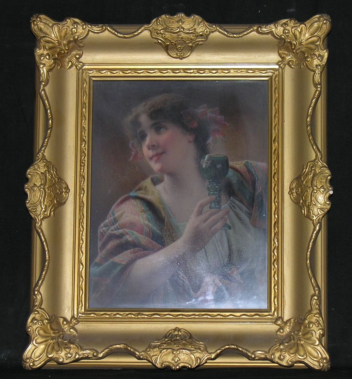 Rheinrebe, fanciulla con calice in mano (dipinto) di Scherf Louis - manifattura turingia (XX)