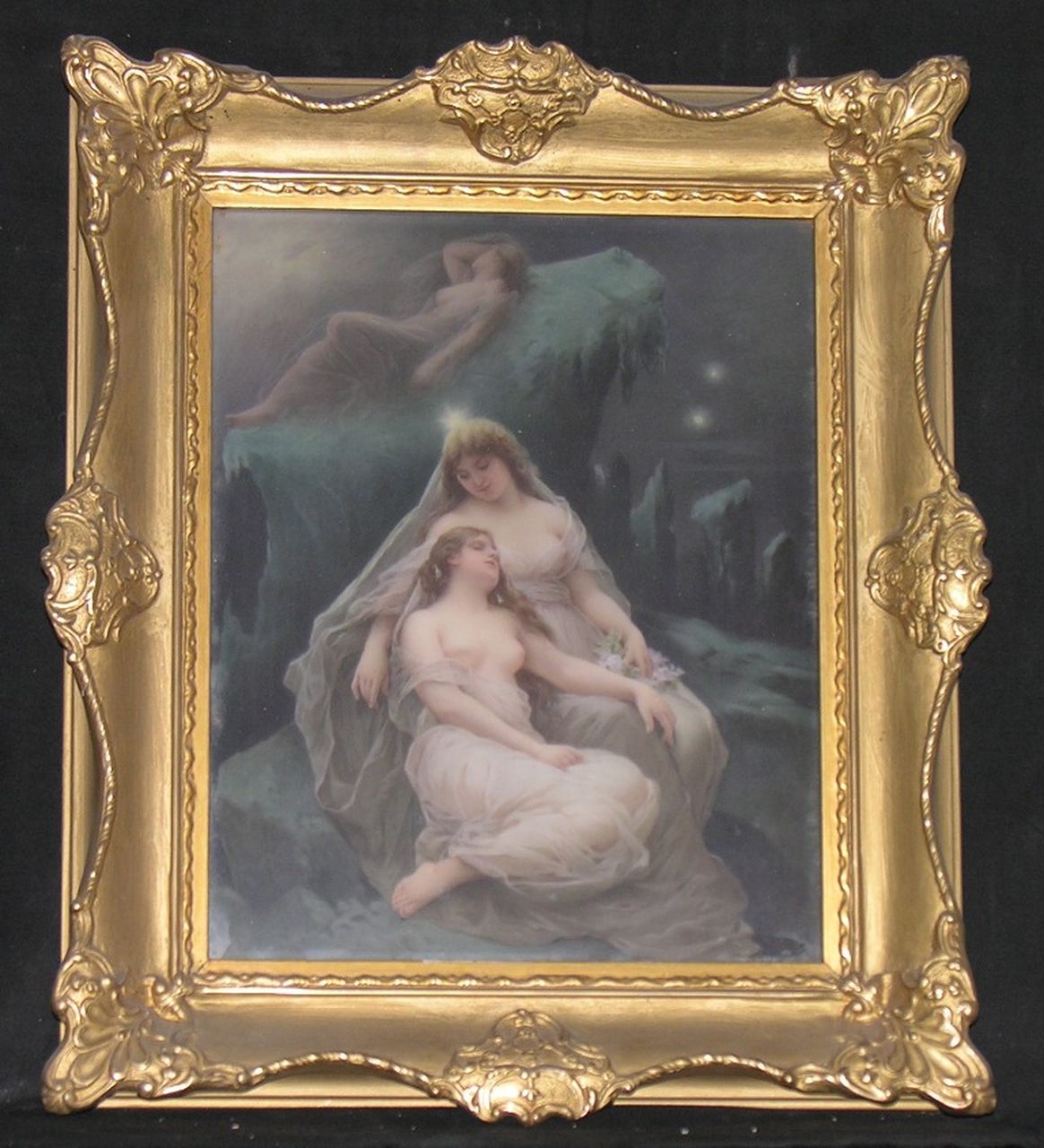 Wintermärchen, tre giovani donne in paesaggio notturno (scena letteraria?) (dipinto) di Albert Scherf - manifattura turingia (sec. XX)