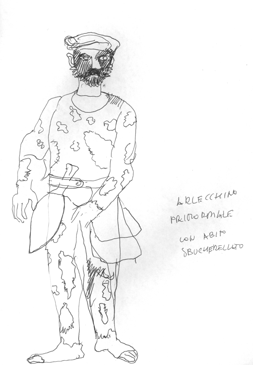 Arlecchino primordiale, figurino per costume di scena, maschile (disegno) di Fo, Dario (XX)