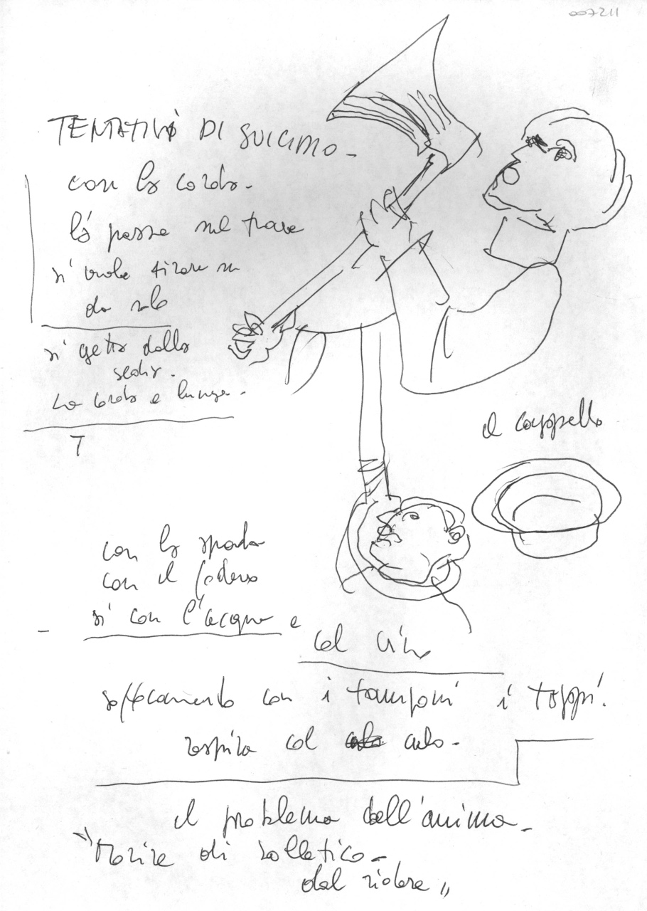 Tentativi di suicidio, appunti con schizzi e note manoscritte (disegno) di Fo, Dario, Fo, Dario (XX)