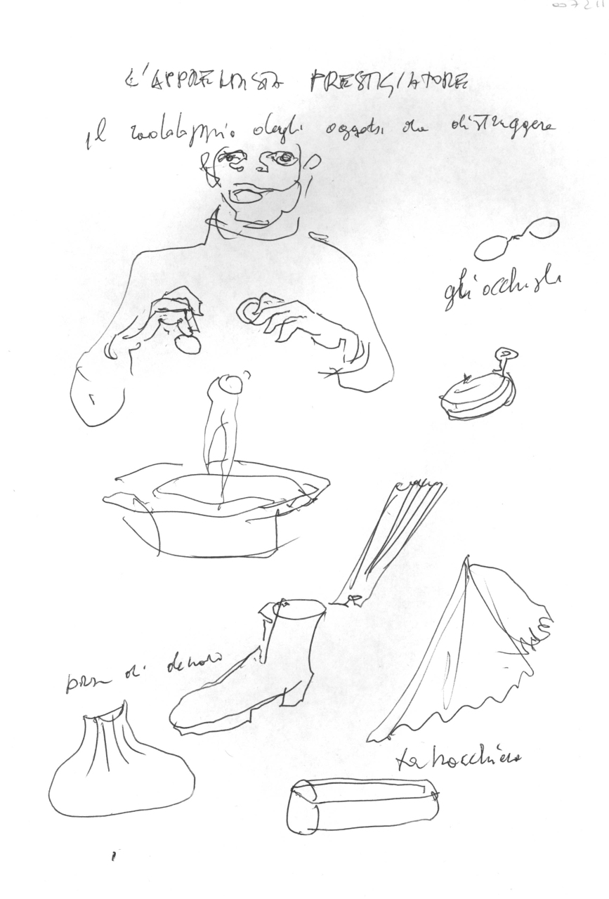 L'apprendista prestigiatore, appunti con schizzi e note manoscritte (disegno) di Fo, Dario, Fo, Dario (XX)