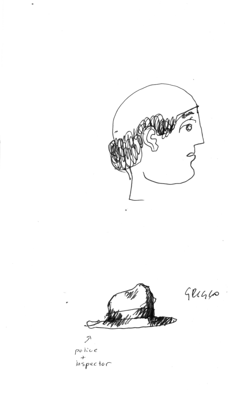 testa con parrucca e cappello per costume di scena (disegno) di Fo, Dario (XX)