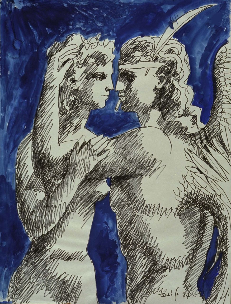 arcangelo e donna, raffigurati a mezzo busto, abbracciati, studio per manifesto (disegno) di Fo, Dario (XX)