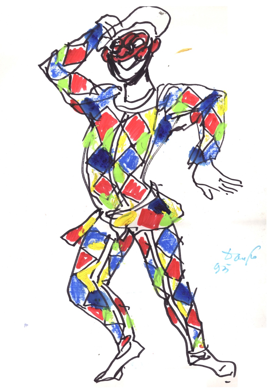 Arlecchino, figura maschile in costume di scena (disegno) di Fo, Dario (XX)