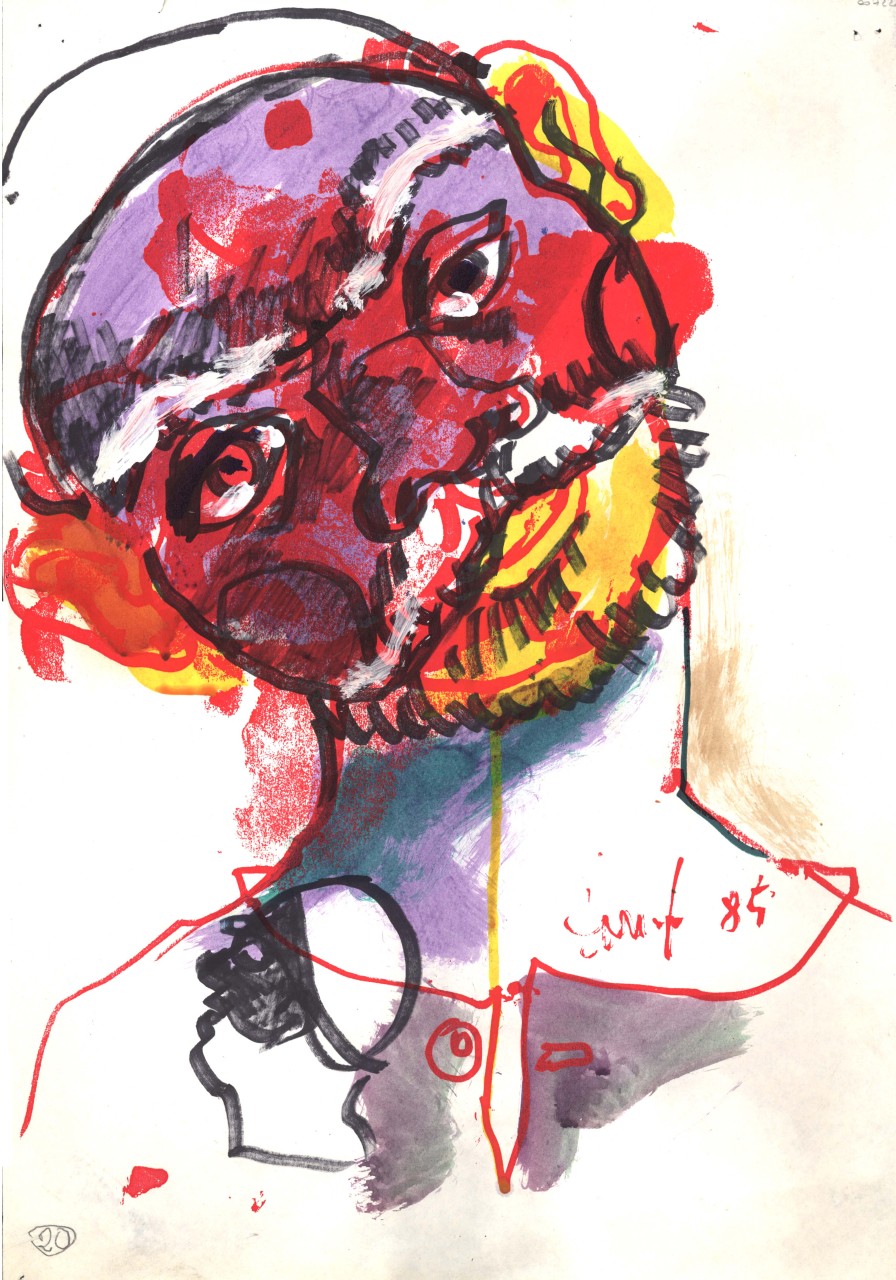 Lo Zanni, ritratto, in primo piano, di Arlecchino (disegno) di Fo, Dario (XX)