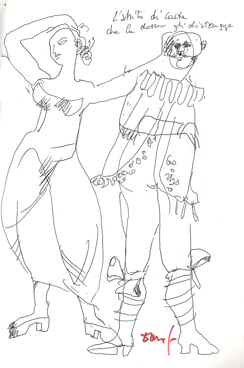 figura femminile e figura maschile in abito di corte, studio di figure per azione scenica (disegno) di Fo, Dario, Fo, Dario (XX)