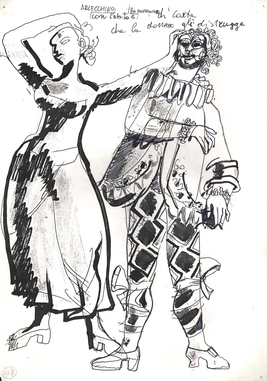 Arlecchino con abito di corte e donna, Arlecchino e figura femminile (disegno) di Fo, Dario, Fo, Dario (XX)