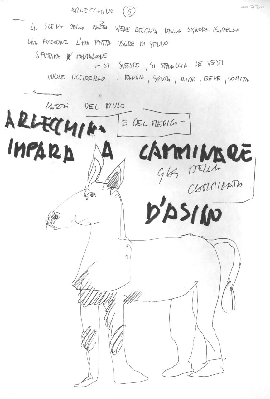 Arlecchino 5. Arlecchino impara a camminare d'asino, appunti con schizzi e note manoscritte (disegno) di Fo, Dario, Fo, Dario (XX)