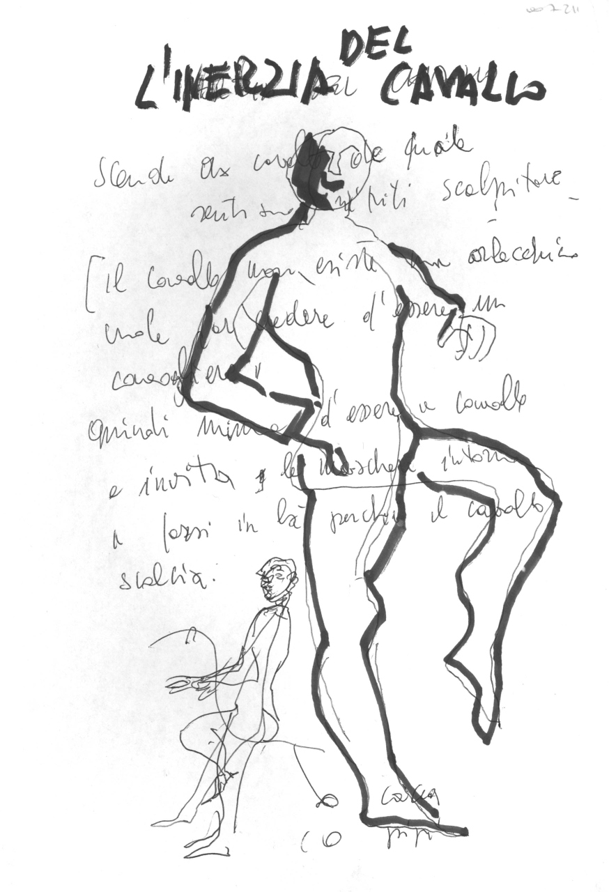 L'inerzia del cavallo, appunti con schizzi e note manoscritte (disegno) di Fo, Dario, Fo, Dario (XX)