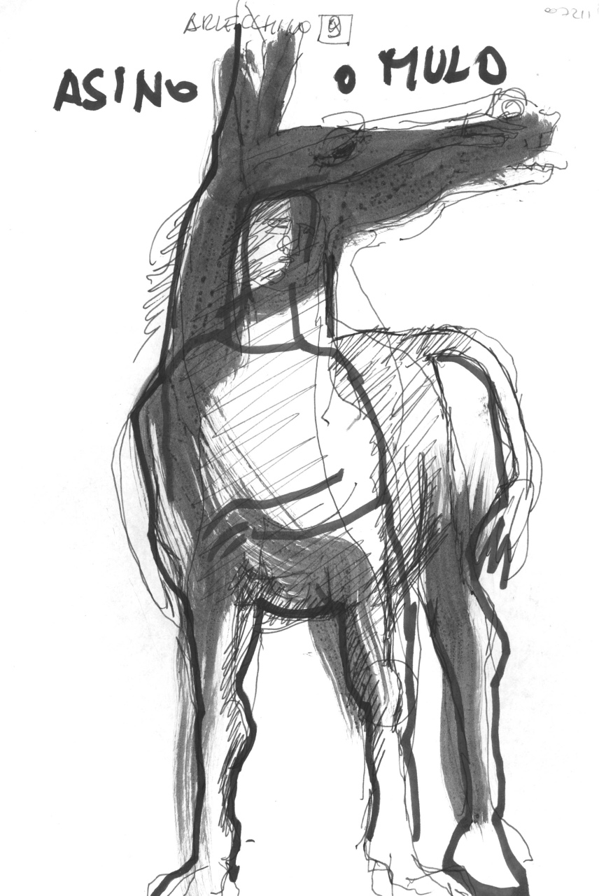 Arlecchino 9. Asino o Mulo, appunti con schizzi e note manoscritte (disegno) di Fo, Dario, Fo, Dario (XX)