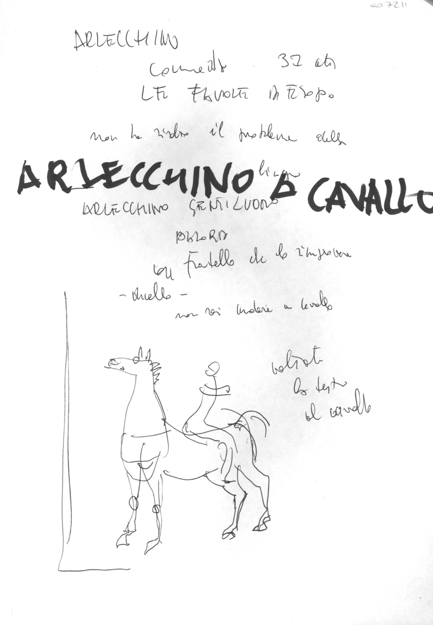 Arlecchino a cavallo, appunti con schizzi e note manoscritte (disegno) di Fo, Dario, Fo, Dario (XX)