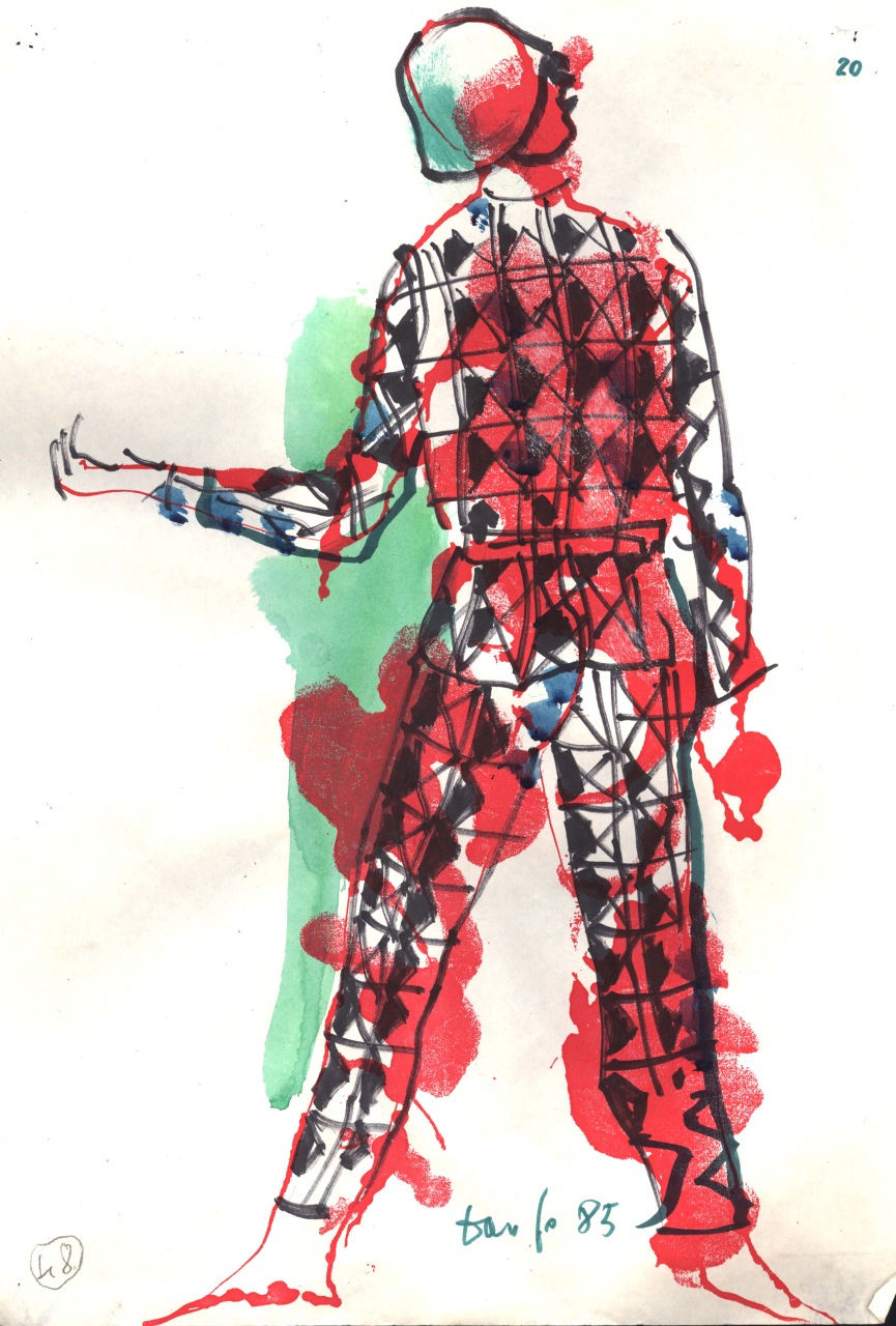 Arlecchino, Arlecchino di spalle (disegno) di Fo, Dario (XX)
