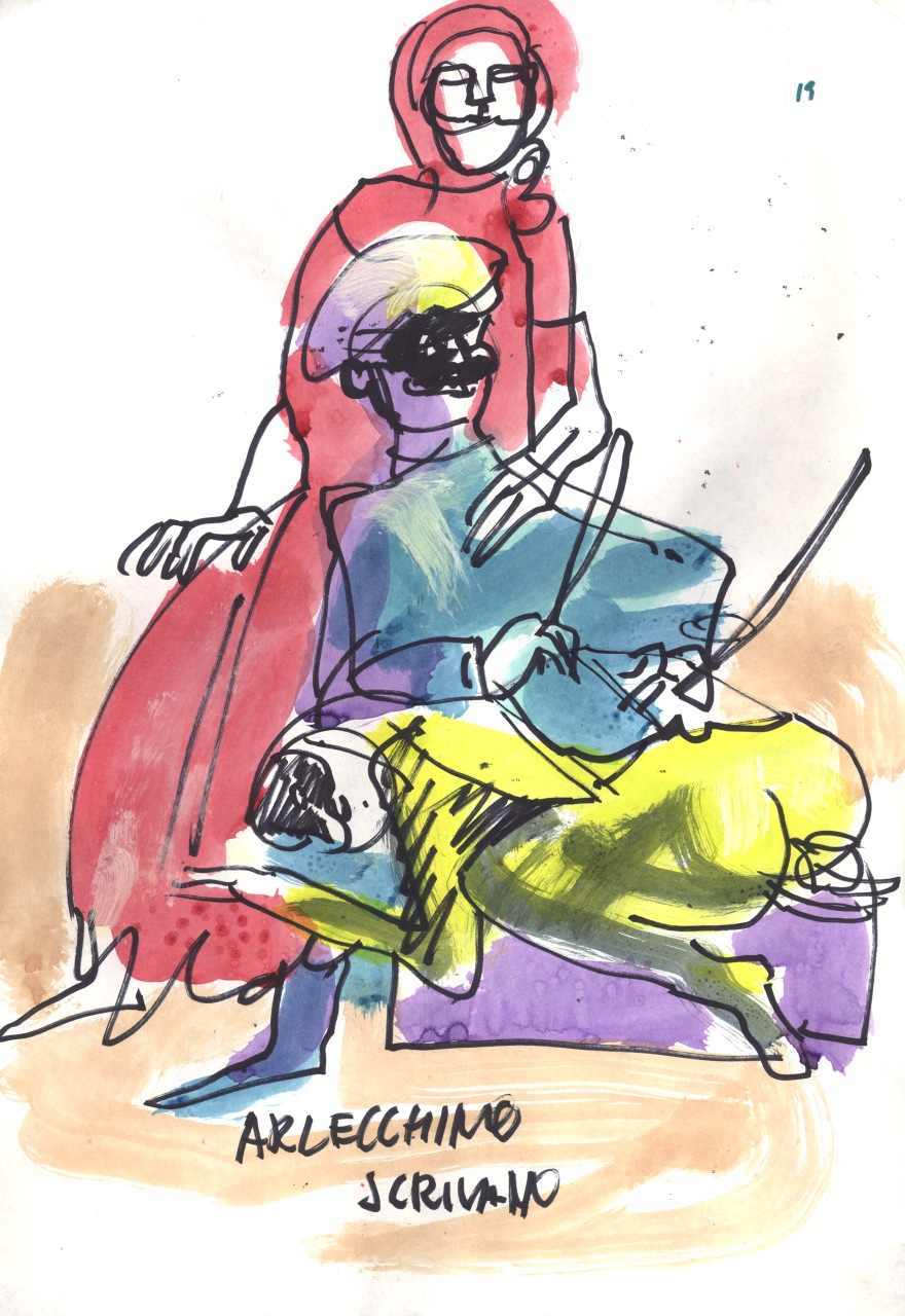 Arlecchino scrivano, Arlecchino scrivano con due figure femminili (disegno) di Fo, Dario, Fo, Dario (XX)